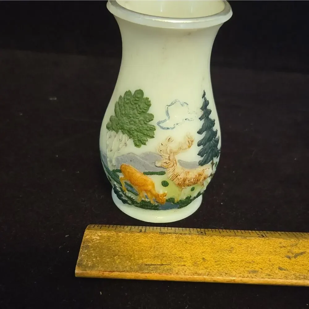 Vtg Ges Geschutzt German Miniature Bud Vase 3D Forest Deer Scene Hard Melamine